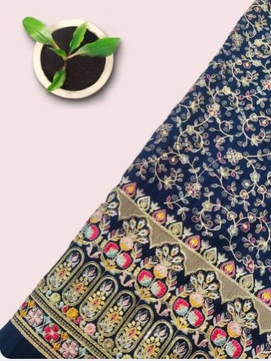 Multi Colour Floral Jaal Work Upada Fabric With Chicken and Sequins Embroidery