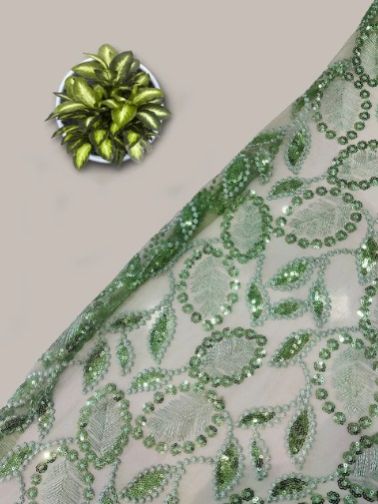 Pista Colour Thread Work and Floral Jaal Allover on Net Fabric