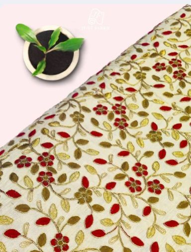 Thread Work OF Leaf Jaal Allover on Tusser Silk Fabric With Embroidery