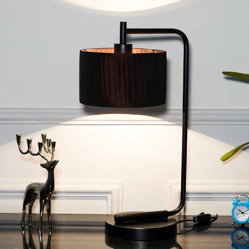 Dark Brown Silk Shade Black Metal Study Table Lamp