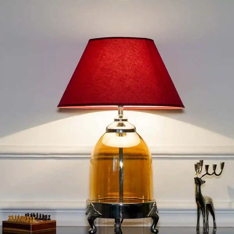 Maroon Cotton Shade Amber Glass Table Lamp