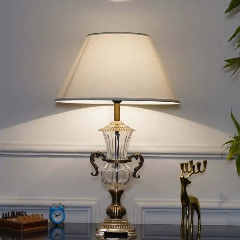 White Cotton Shade Brass and Glass Table Lamp