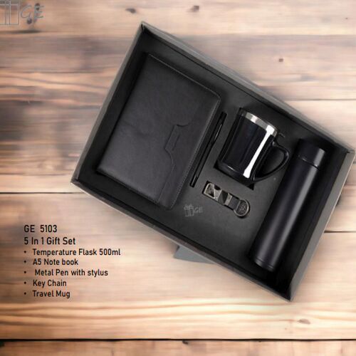 5 in 1 Corporate Gift Set with Temperature Flask Notebook Metal Pen and Keychain