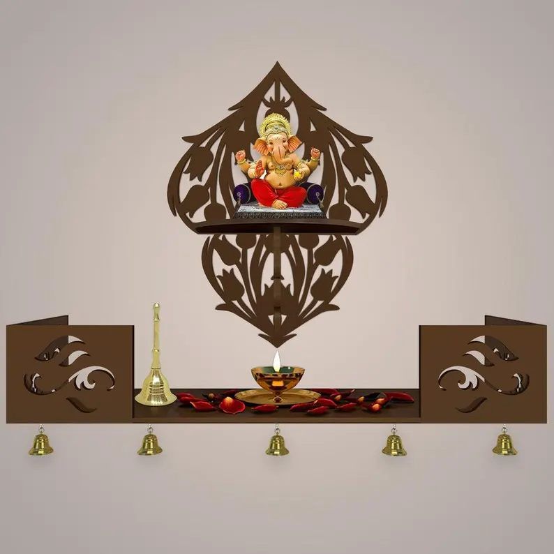 Ganesha Brown Wooden Shelf Temple