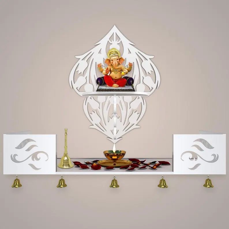 Ganesha White Wooden Shelf Temple