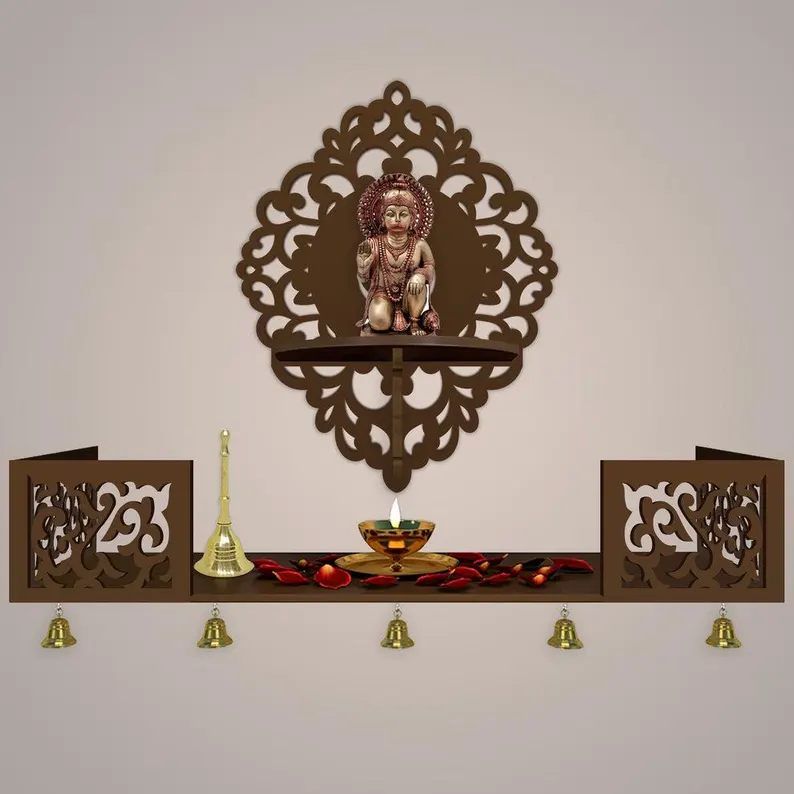Hanumanji Brown Wooden Shelf Temple