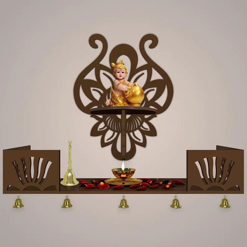 Krishna Brown Wooden Shelf Temple