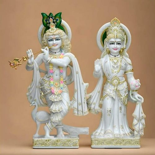 Beautiful Hand Painted White Marble Radha Krishna Statue