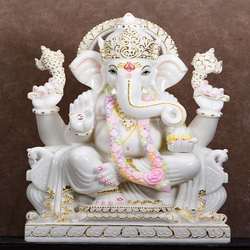 Carved Multicolor Marble Ganesha Statue for Temple