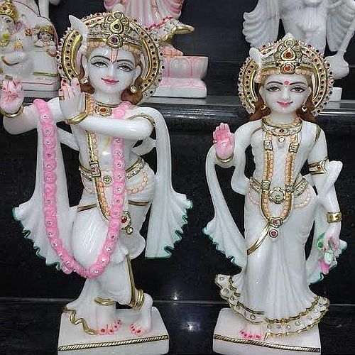 Carved Multicolor Polished Marble Radha Krishna Statue for Temple
