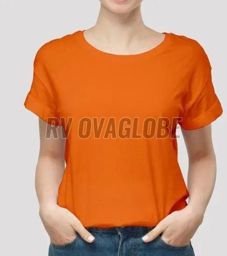 Ladies Plain Orange Round Neck Cotton T-Shirt