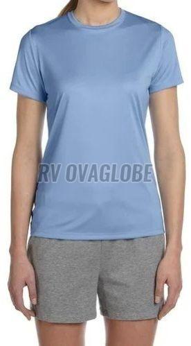 Ladies Sky Blue Round Neck Polyester T-Shirt