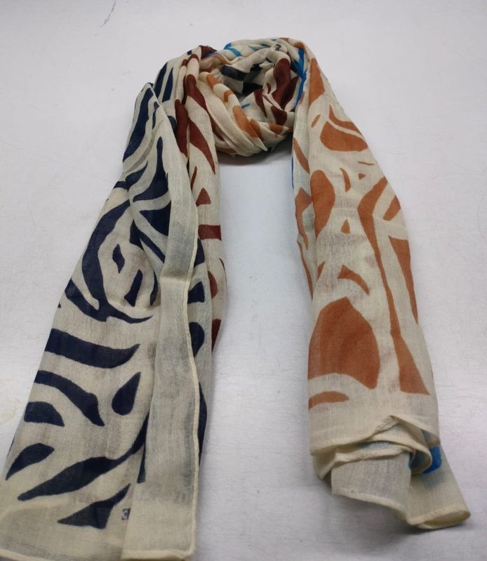 Ladies White Base Printed Fine Wool Scarf