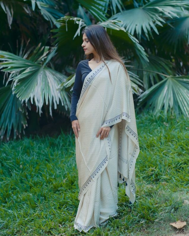 Beige Ajrakh Modal Silk Hand Block Printed Saree