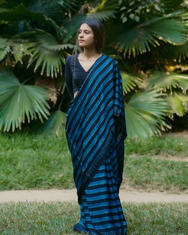Black Blue Ajrakh Silk Hand Block Printed Saree