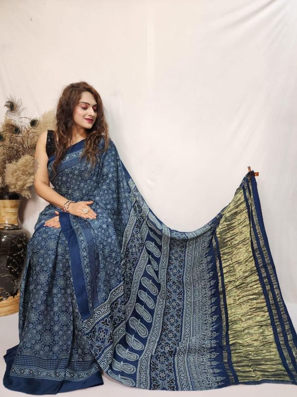Blue Ajrakh Modal Silk Saree