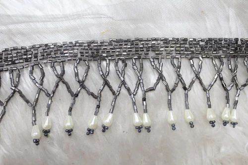 Silver Fancy Beads Work Fringe Lace