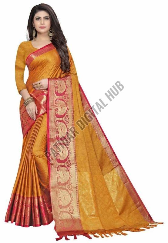 Ladies Abstract Printed Golden Chanderi Silk Cotton Saree