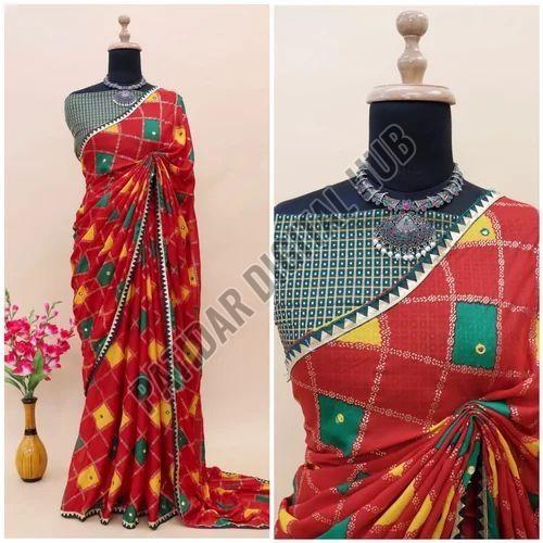 Vibrant Bandhani Saree with Mirror Work