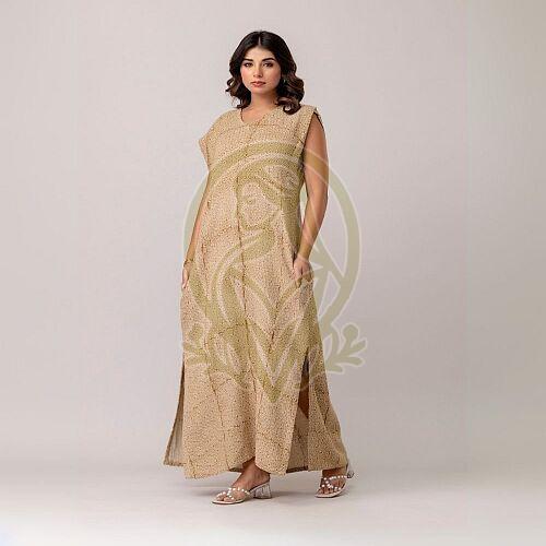 V-neck Ladies Brown Cotton Printed Maxi Dress Casual Wear