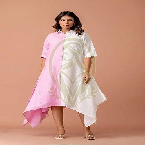 Plain Ladies Pink Linen Asymmetric Western Dress