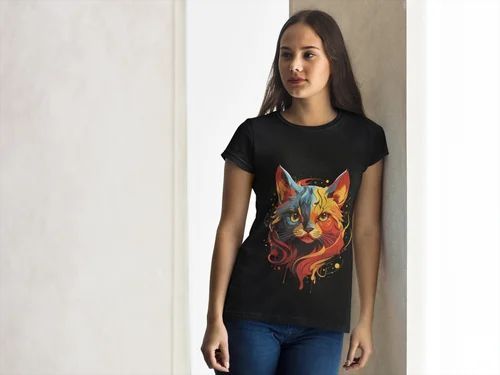 Polyester Ice Cat Graphic Printed Girls T Shirt