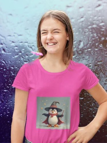 Printed Polyester Magical Penguin Girls T Shirt, Color : Pink