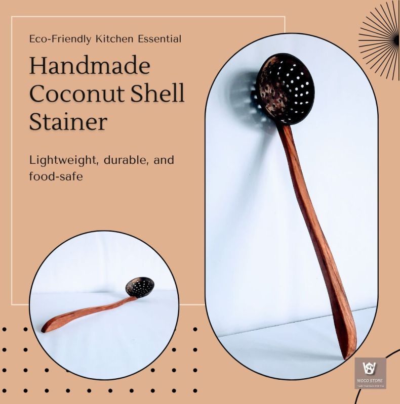 Coconut Shell Strainer Ladle with Teak Wood Handle
