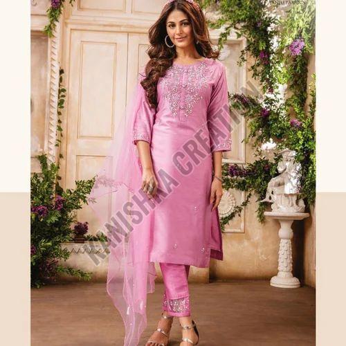 Pink Embroidered Chanderi Silk Suit
