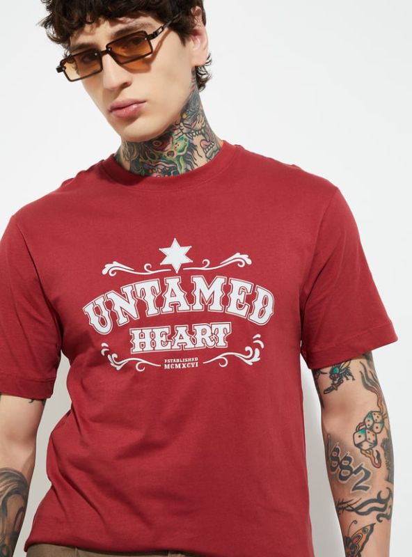 Mens Red Cotton Round Neck Printed T-Shirt