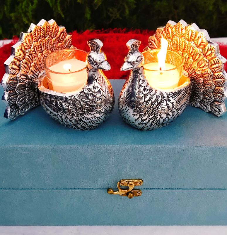 Antique German Silver Peacock Diya Set