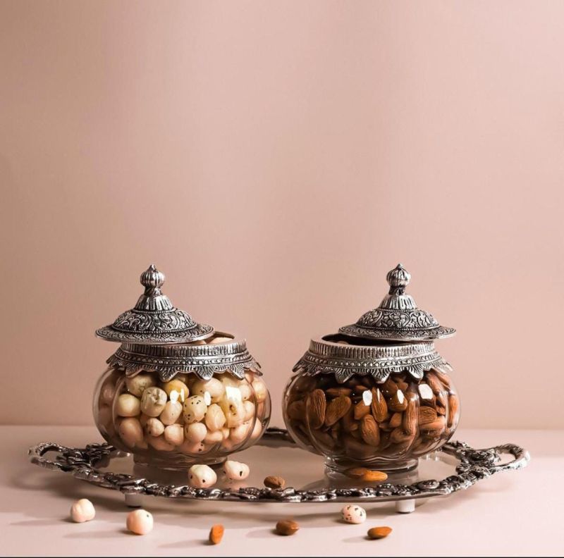Antique German Silver Tray with  Two Jars