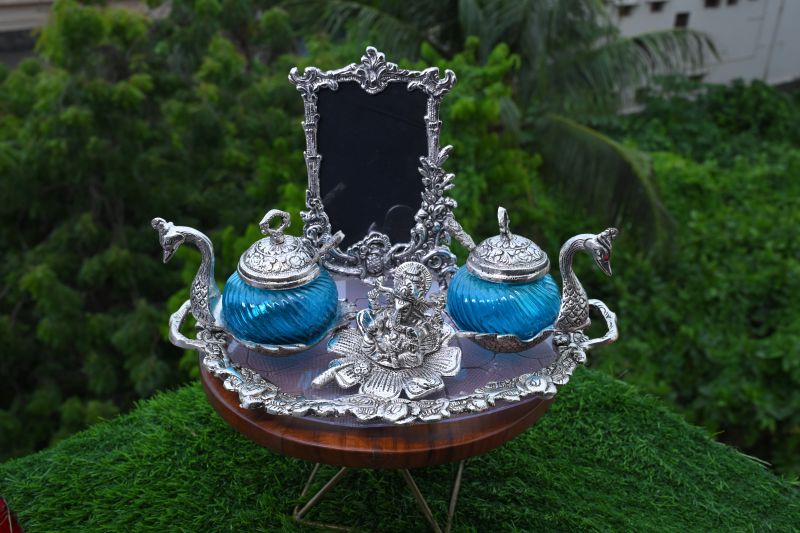 Antique German Silver Tray with Two Jars and Photo Frame