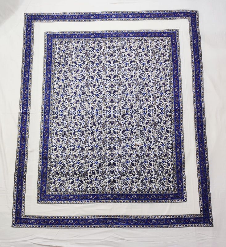 Blue & White Ethnic Floral Cotton Double Bed Sheet