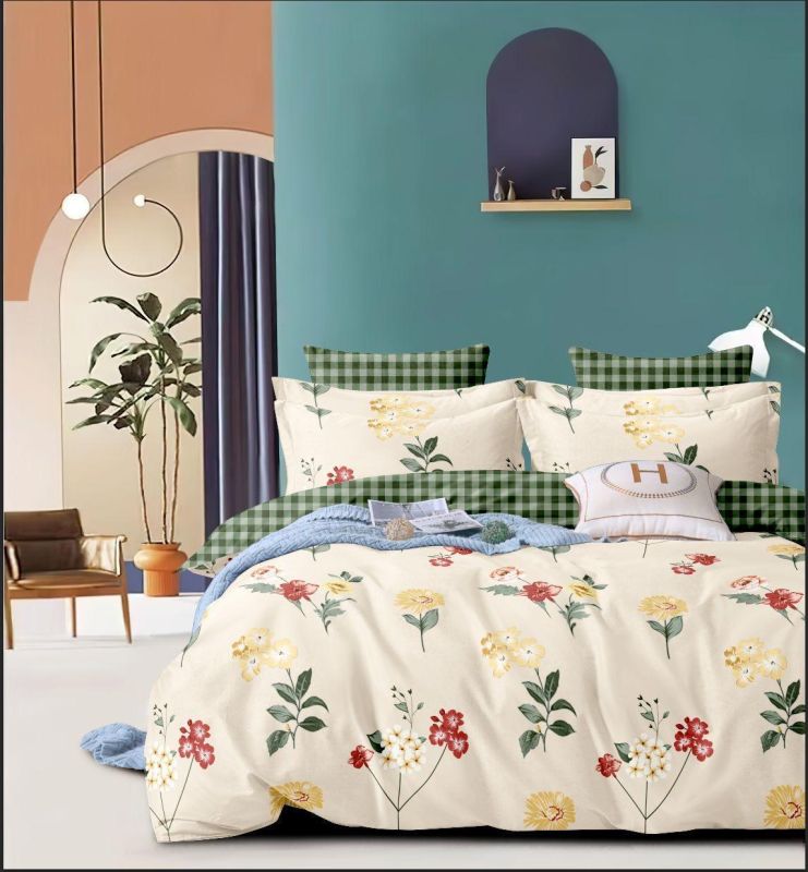 Cream Floral Green Check Teal Accent Soft Layer Comforter