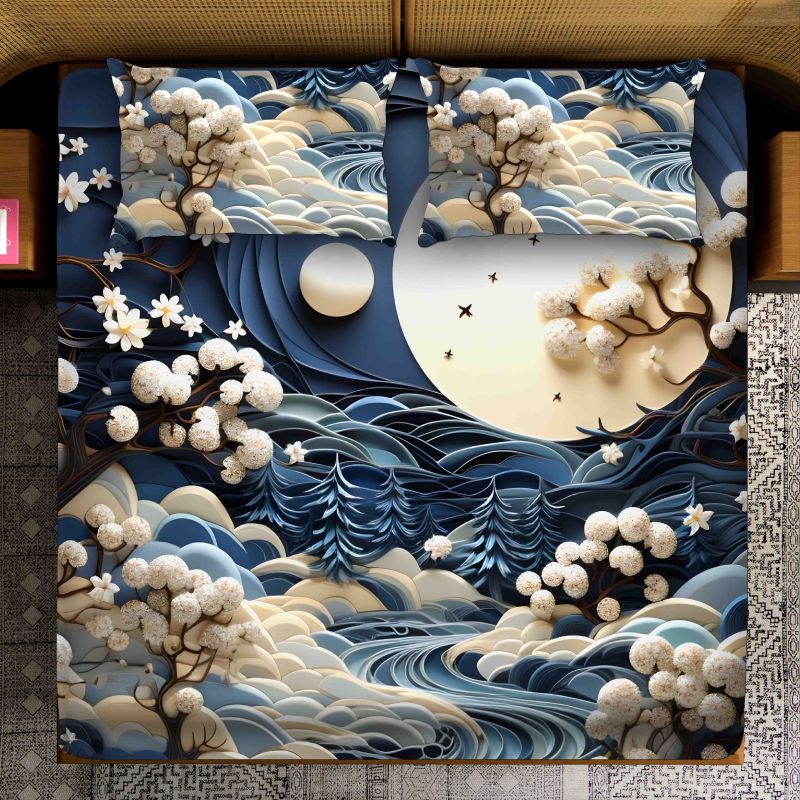 Moonlit River Snow Tree Print Plush Blue Spread  Bedsheet