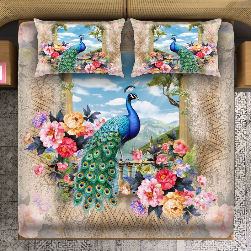 Peacock Bloom Balcony View Print Velvet Touch Regal Garden Bedsheet