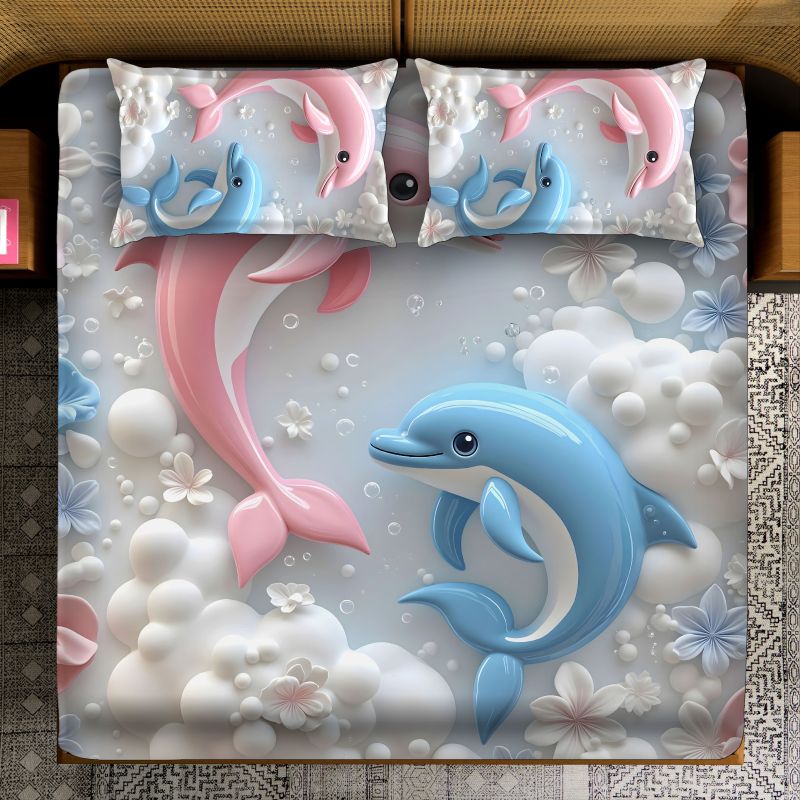 Pink Blue Dolphin Bubble Bloom Print Soft Flow Ocean Joy Bedsheet