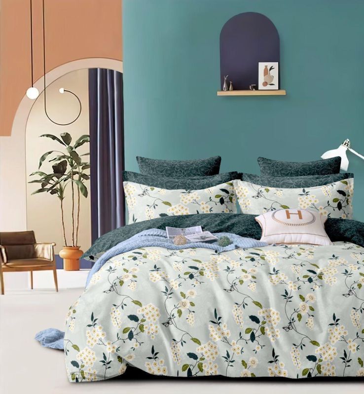 White Green Floral Print Monogram Pillow Cozy Layer Comforter