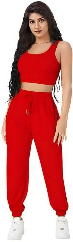 Ladies Red Crop Top Joggers Set