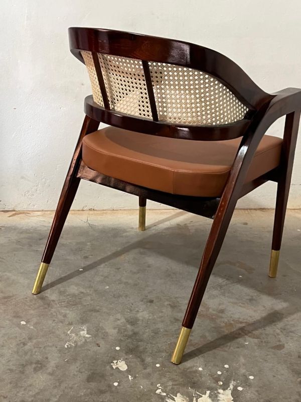 Cane and Leather Dining Chair with Brass Accents