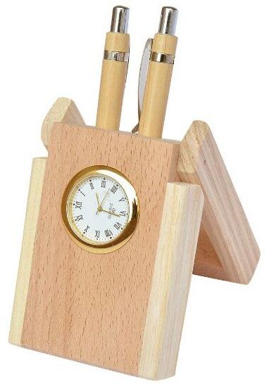 Indo Wooden Pen Stand with Watch
