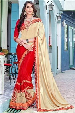 Cream & Red Party Wear Sarees, Supply Type : Bulk