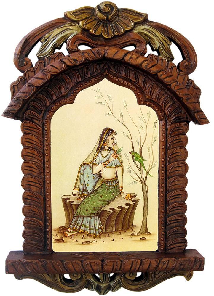 Beautiful Lady Feeding Parrot Wooden Jharokha Gift 439