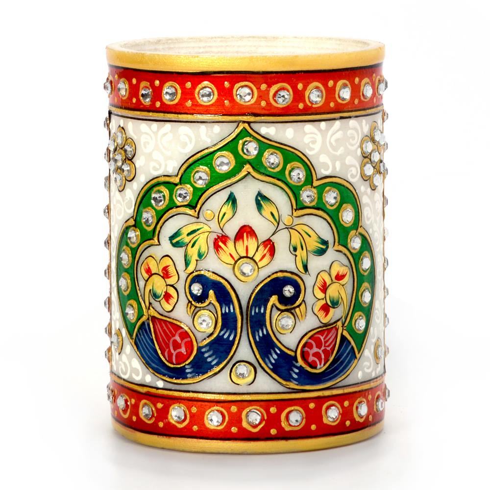 Gold Meenakari Mayur Design White Marble Pen Stand at best price in Jaipur  Rajasthan from Sunshine | ID:1129157