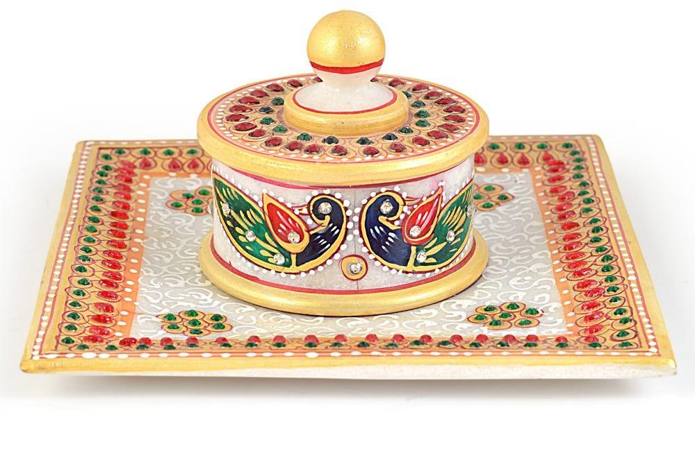 Gold Meenakari Work Marble Jewellary Box N Tray