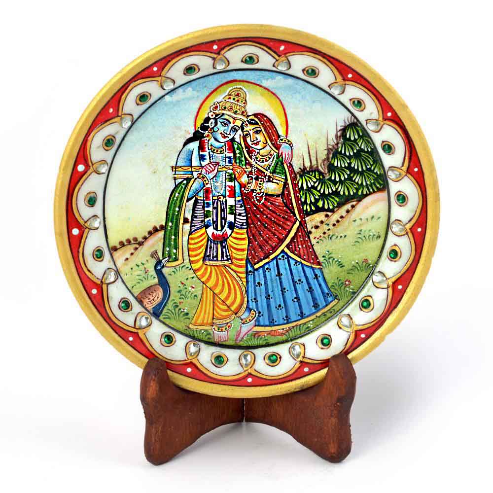 Gold Minakari Marble Radha Krishna Beautiful Plate
