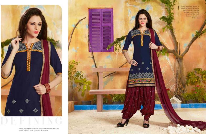 Cotton Embroidered Blue & Maroon Color Patiala Suit