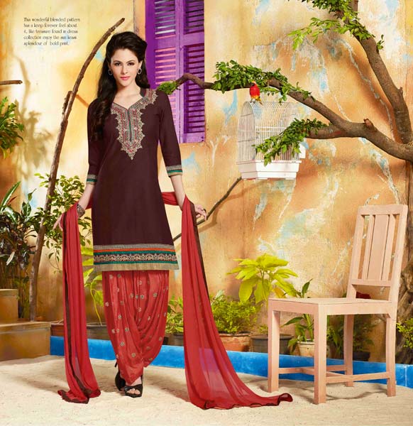 Cotton Embroidered Brown Color Patiala Suit