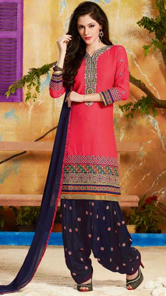 Cotton Embroidered Dark Pink & Blue Color Patiala Suit-574